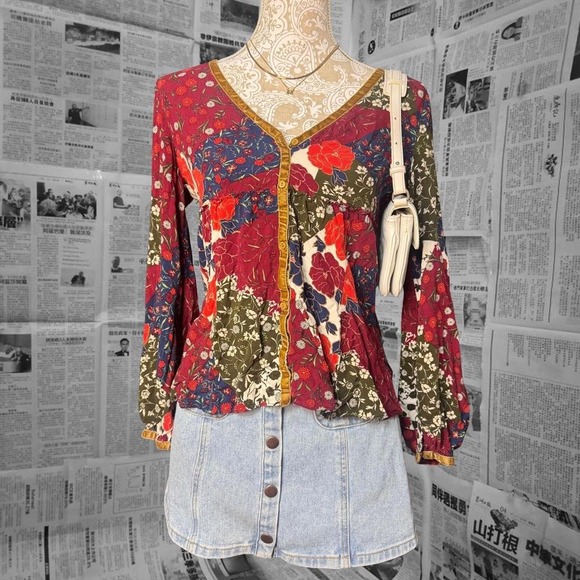 Zara Tops - Zara Women's M Long Sleeve Floral Top Patchwork Boho Blouse Fall Cottagecore